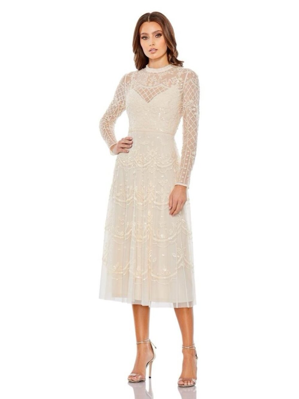 Mac Duggal Size 18 Cream Ivory Nude 9142 Sequin Cocktail Midi Dress Long Sleeve